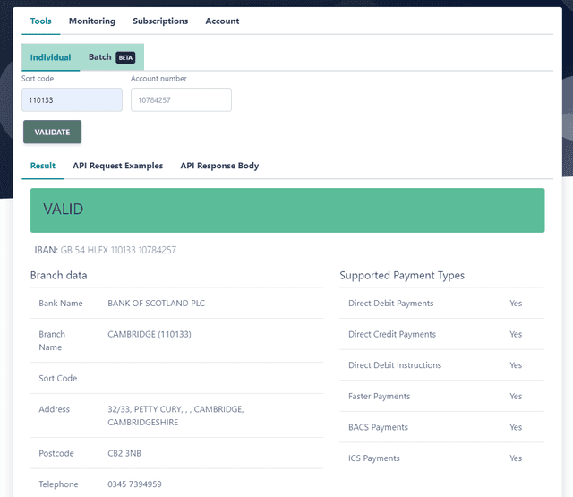 screenshot of bank account validation tools